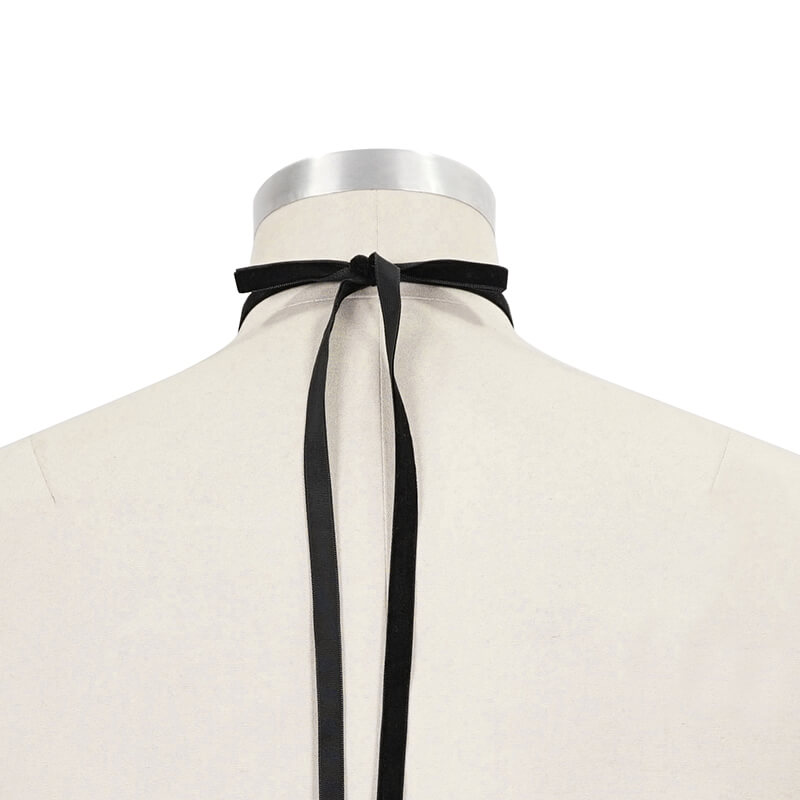 Back view of a chic black bowtie on a mannequin, showcasing elegant lace-up design for men.