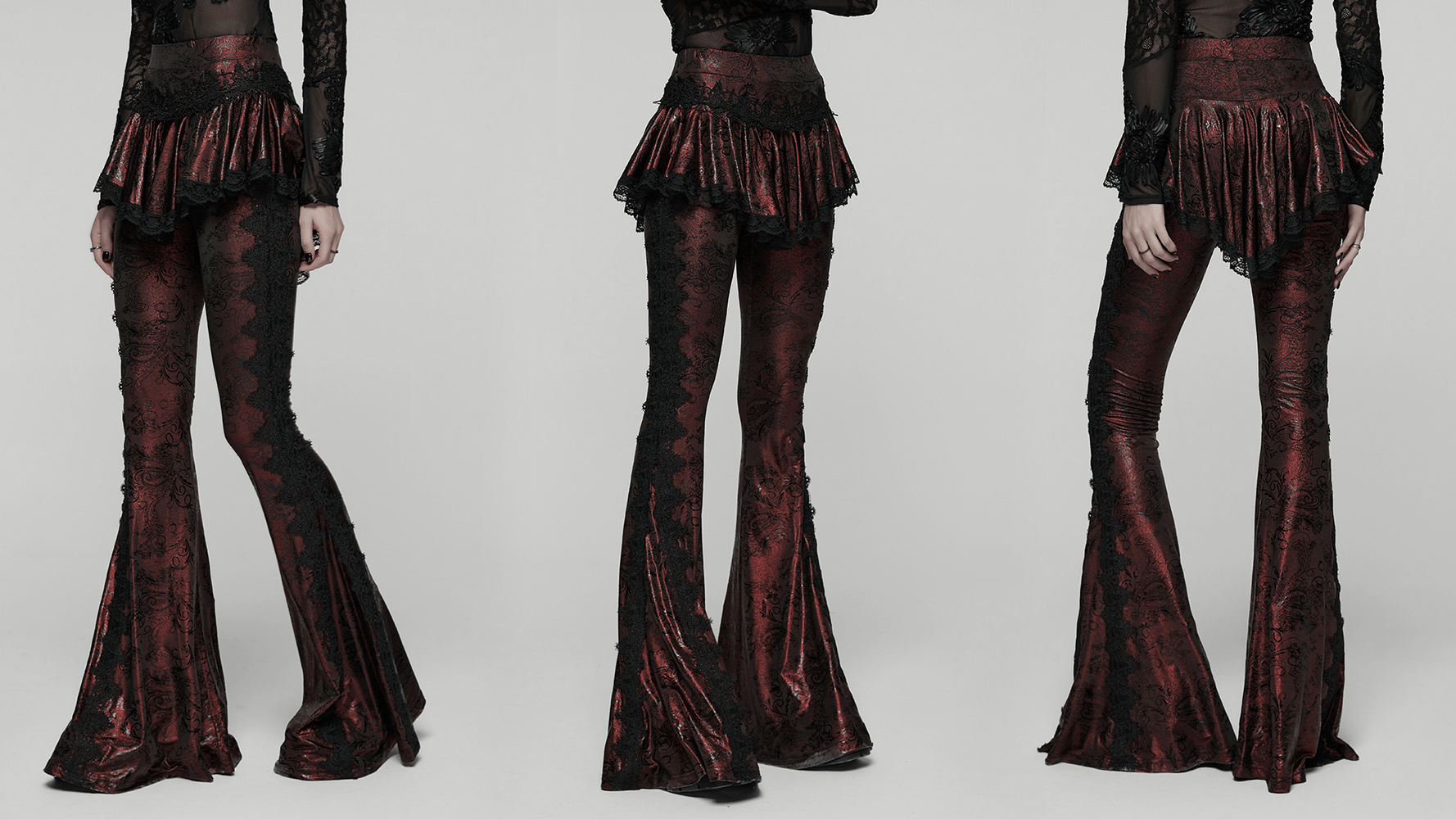 Gothic Wine Red Lace Flared Pants with Skirt Overlay featuring flared legs and lace trim details.