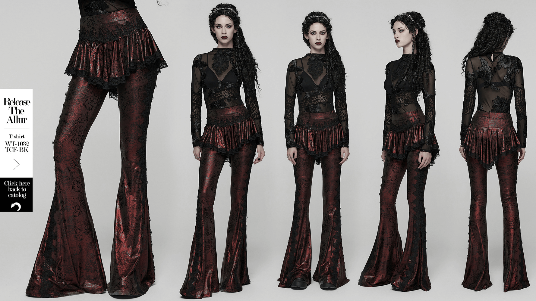 Gothic Wine Red Lace Flared Pants with Skirt Overlay showcased in a stylish model pose with flared legs and lace detailing.
