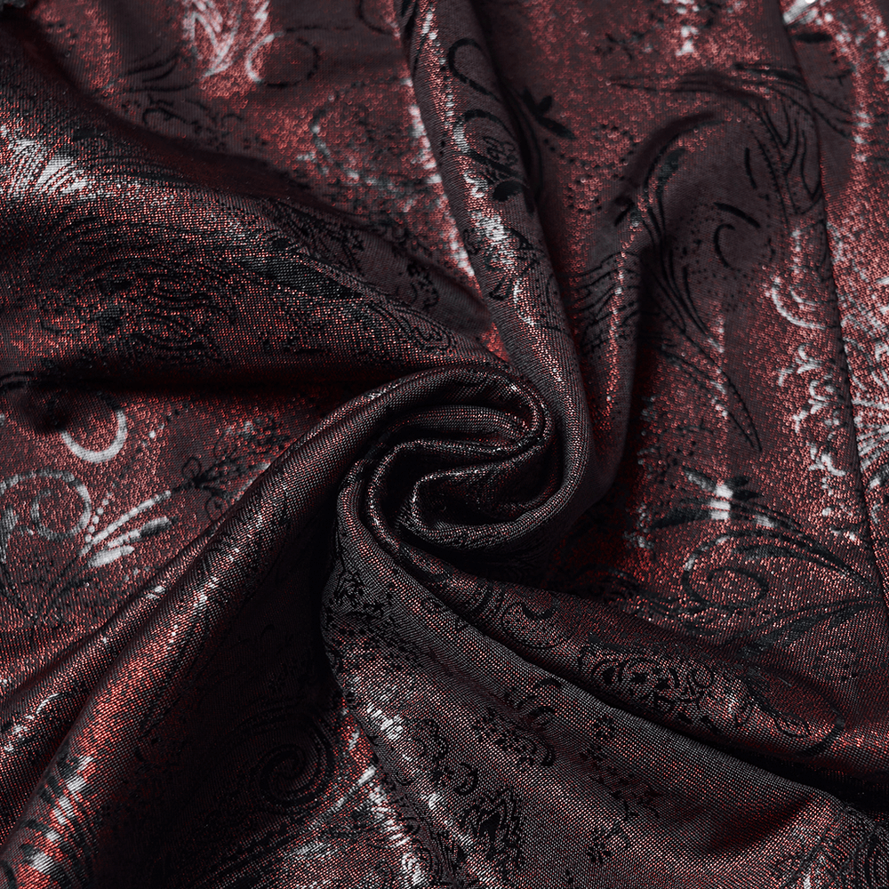 Gothic Wine Red Lace Flared Pants with Skirt Overlay fabric featuring rich textural detail and swirling patterns.