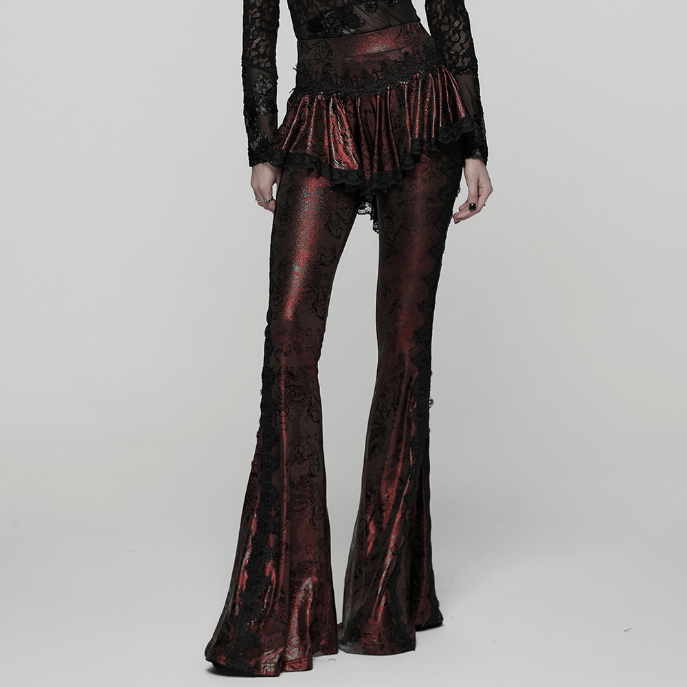 Gothic Wine Red Lace Flared Pants with Skirt Overlay showcasing lace trim and dramatic flared legs.