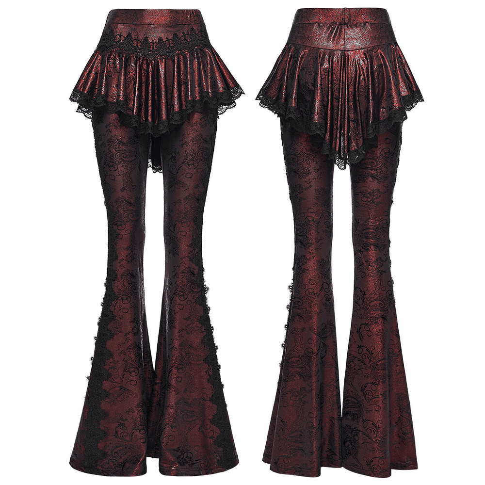 Gothic Wine Red Lace Flared Pants with Skirt Overlay showcasing elegant lace trim and flared legs.