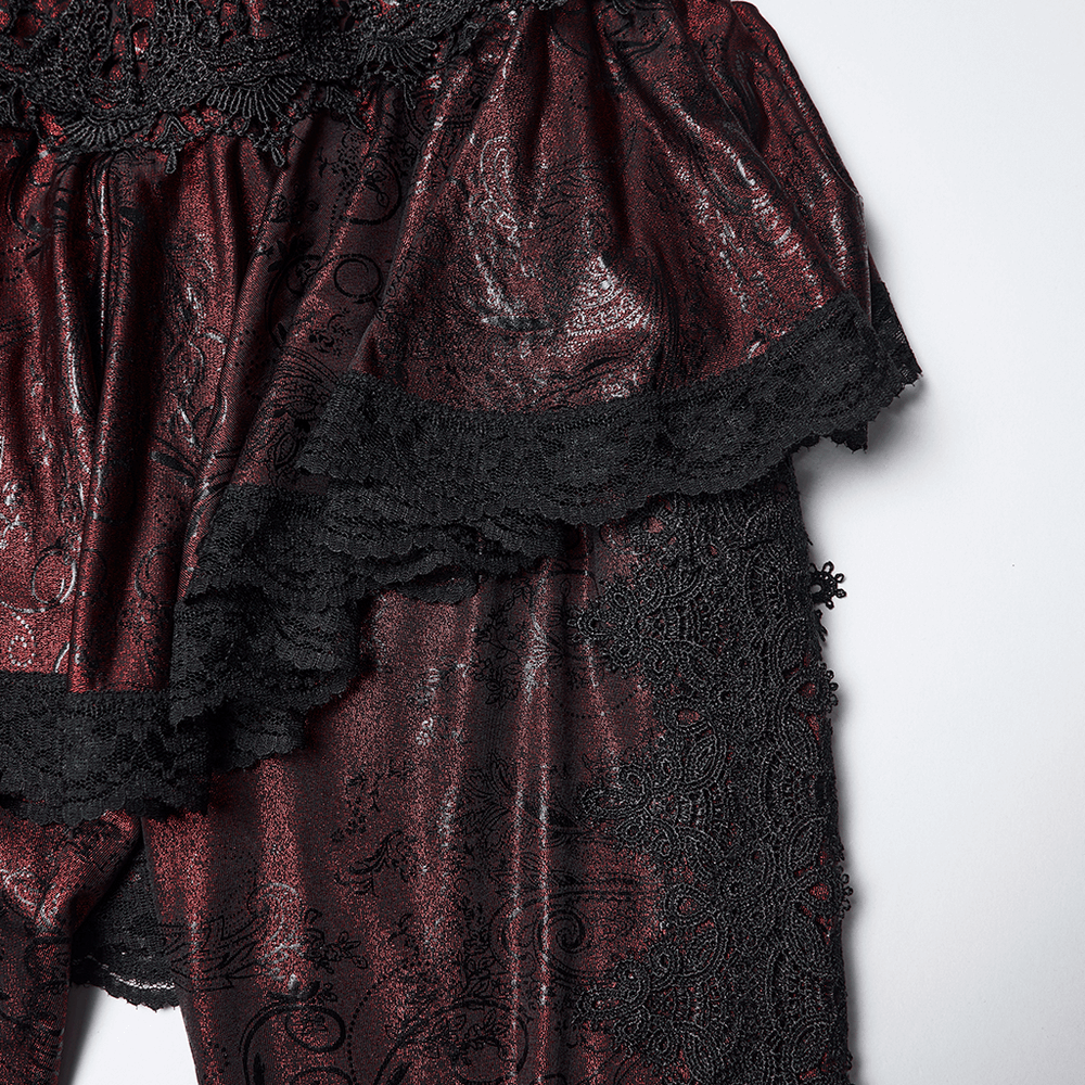 Gothic Wine Red Lace Flared Pants with Skirt Overlay featuring lace trim and elegant design details.