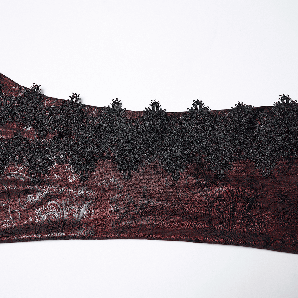 Gothic Wine Red Lace Flared Pants with Skirt Overlay featuring intricate black lace trim detailing.