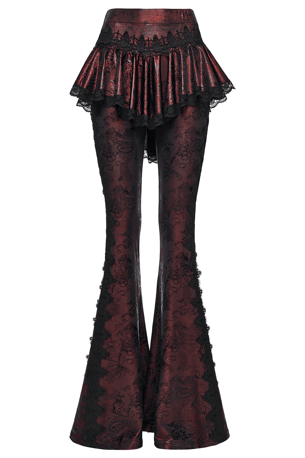 Gothic Wine Red Lace Flared Pants with Skirt Overlay showcasing lace trim and a dramatic flared shape.