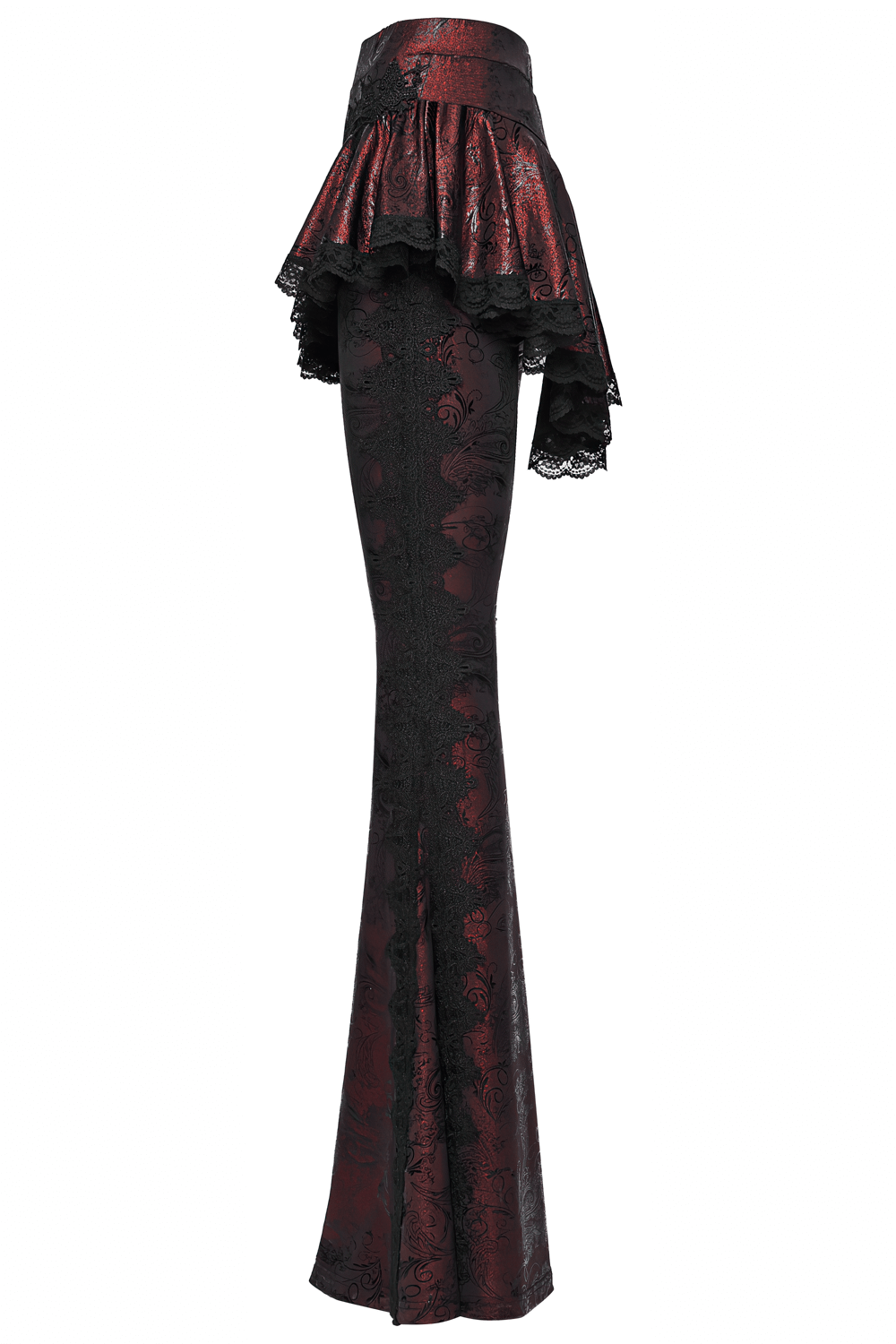 Gothic Wine Red Lace Flared Pants with Skirt Overlay showcasing lace trim and dramatic flared design.
