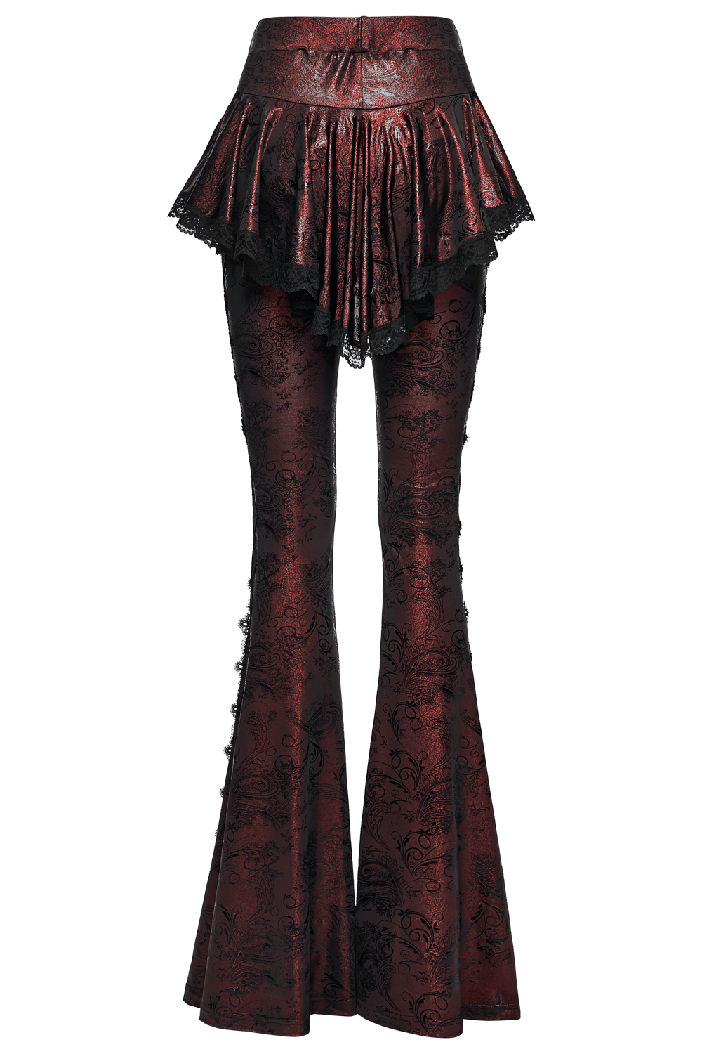 Gothic Wine Red Lace Flared Pants with Skirt Overlay showcasing lace trim and flared legs with pockets.