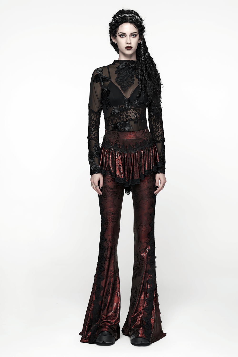 Gothic Wine Red Lace Flared Pants with Skirt Overlay displayed on a model showcasing dark elegance and lace details.