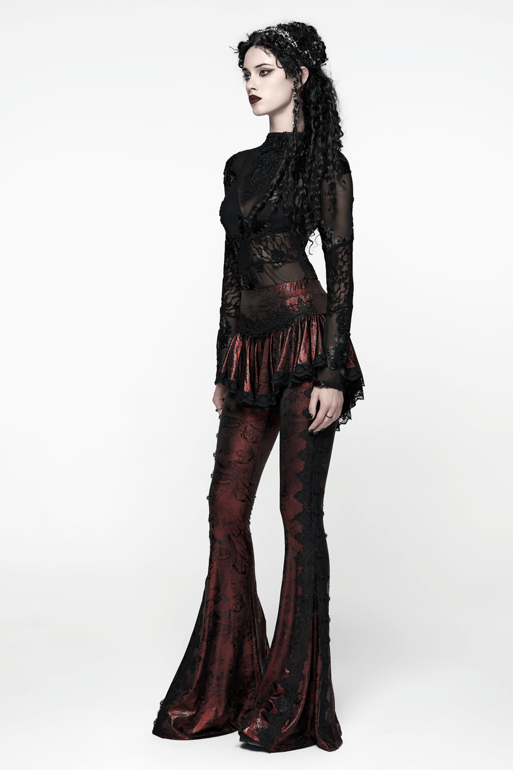 Gothic Wine Red Lace Flared Pants with Skirt Overlay featuring a layered skirt and lace trim detailing.