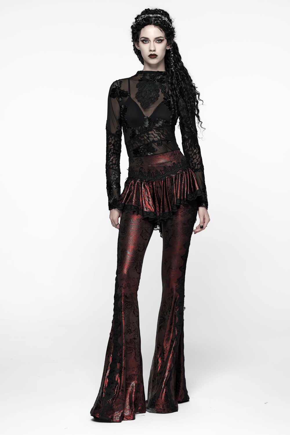 Gothic Wine Red Lace Flared Pants with Skirt Overlay worn by a model showcasing dramatic elegance.