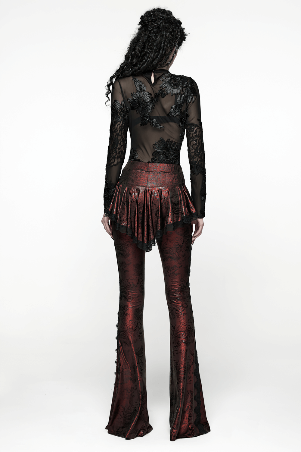 Gothic Wine Red Lace Flared Pants with Skirt Overlay showcasing dramatic flared legs and delicate lace detailing.