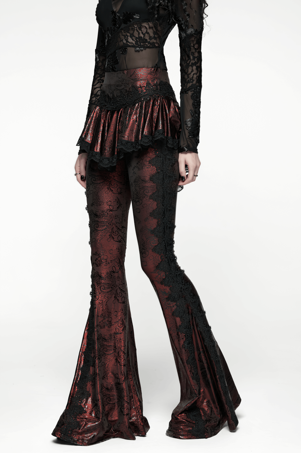 Gothic Wine Red Lace Flared Pants with Skirt Overlay showcasing lace trim and flared legs for a bold, elegant look.