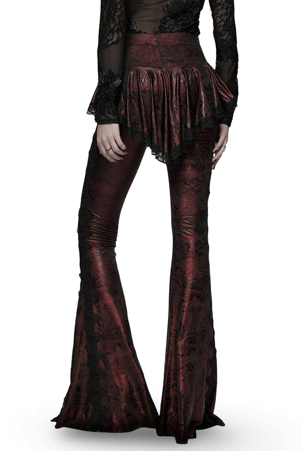 Gothic Wine Red Lace Flared Pants with Skirt Overlay showcasing flared legs and lace detailing for dark elegance.