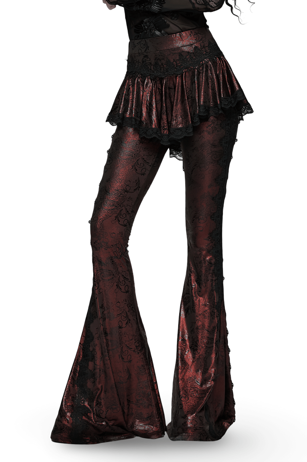 Gothic Wine Red Lace Flared Pants with Skirt Overlay featuring lace trim and flared legs.