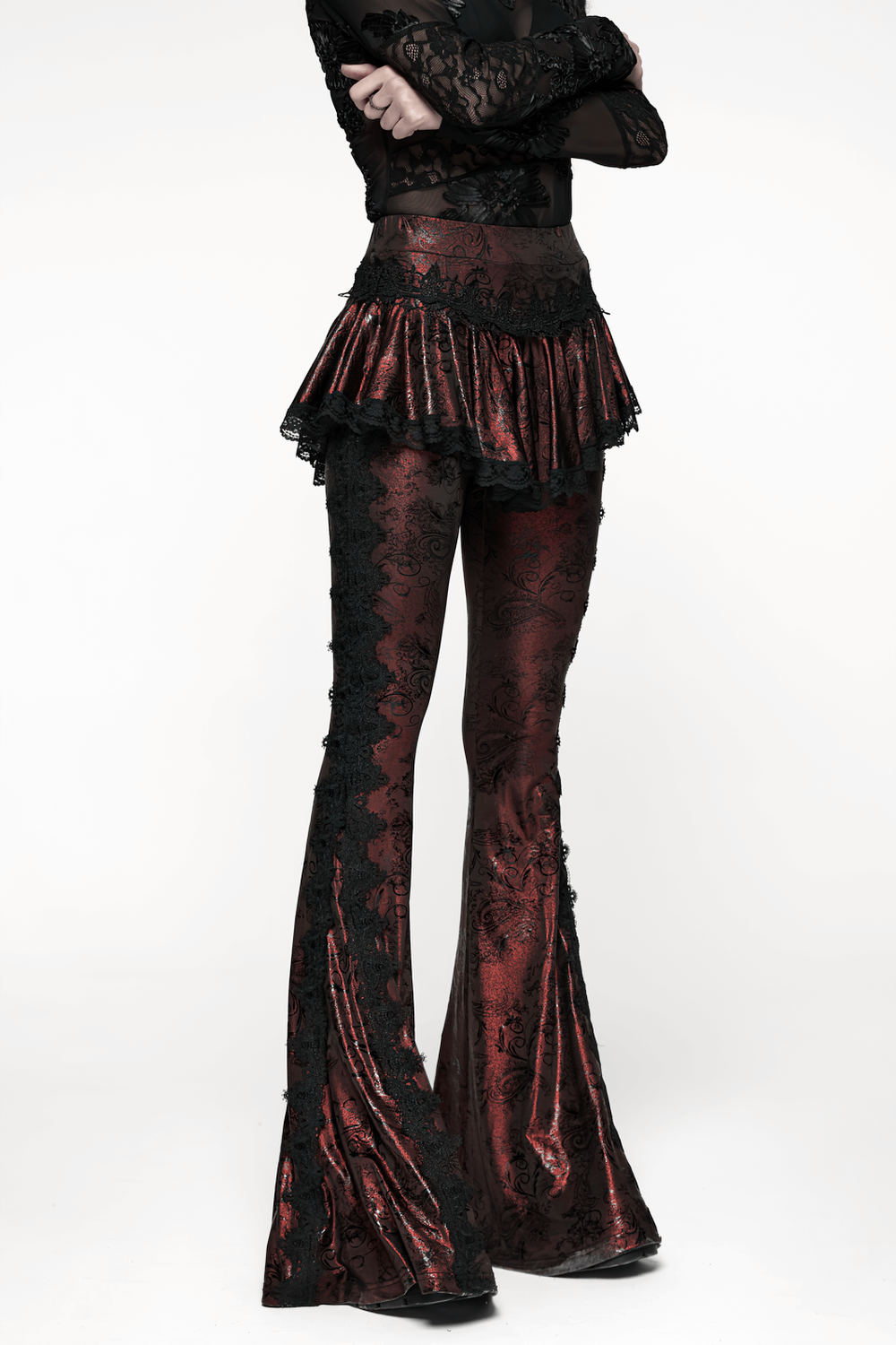 Gothic Wine Red Lace Flared Pants with Skirt Overlay showcasing lace trim and flared legs for dark elegance.