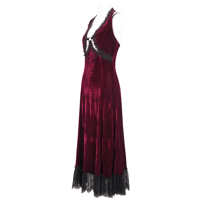 Gothic wine red long dress with black lace hem and sexy cutout, perfect for modern goth style.
