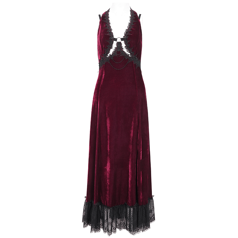Gothic wine red long dress with black lace hem and sexy cutout detail for modern goth style.