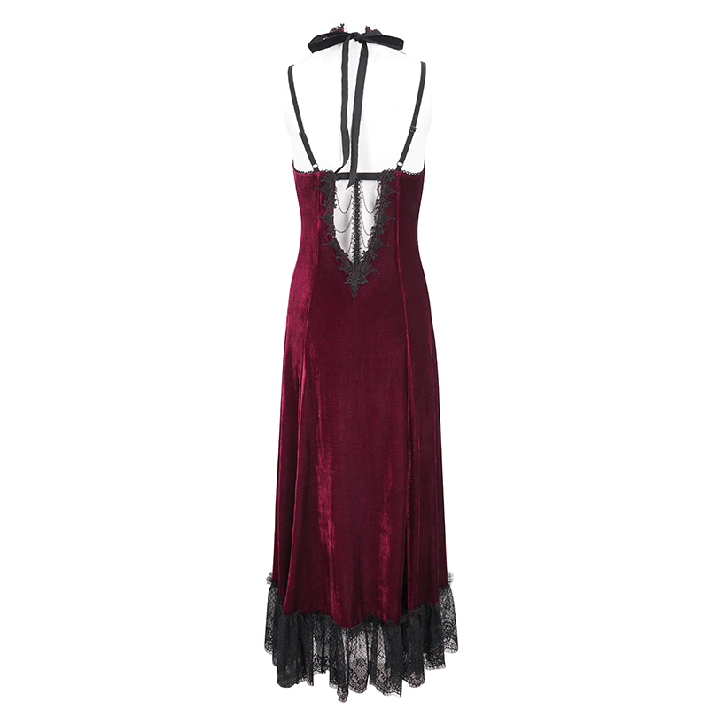 Back view of gothic wine red long dress with black lace hem and sexy cutout detail, perfect for alternative events.