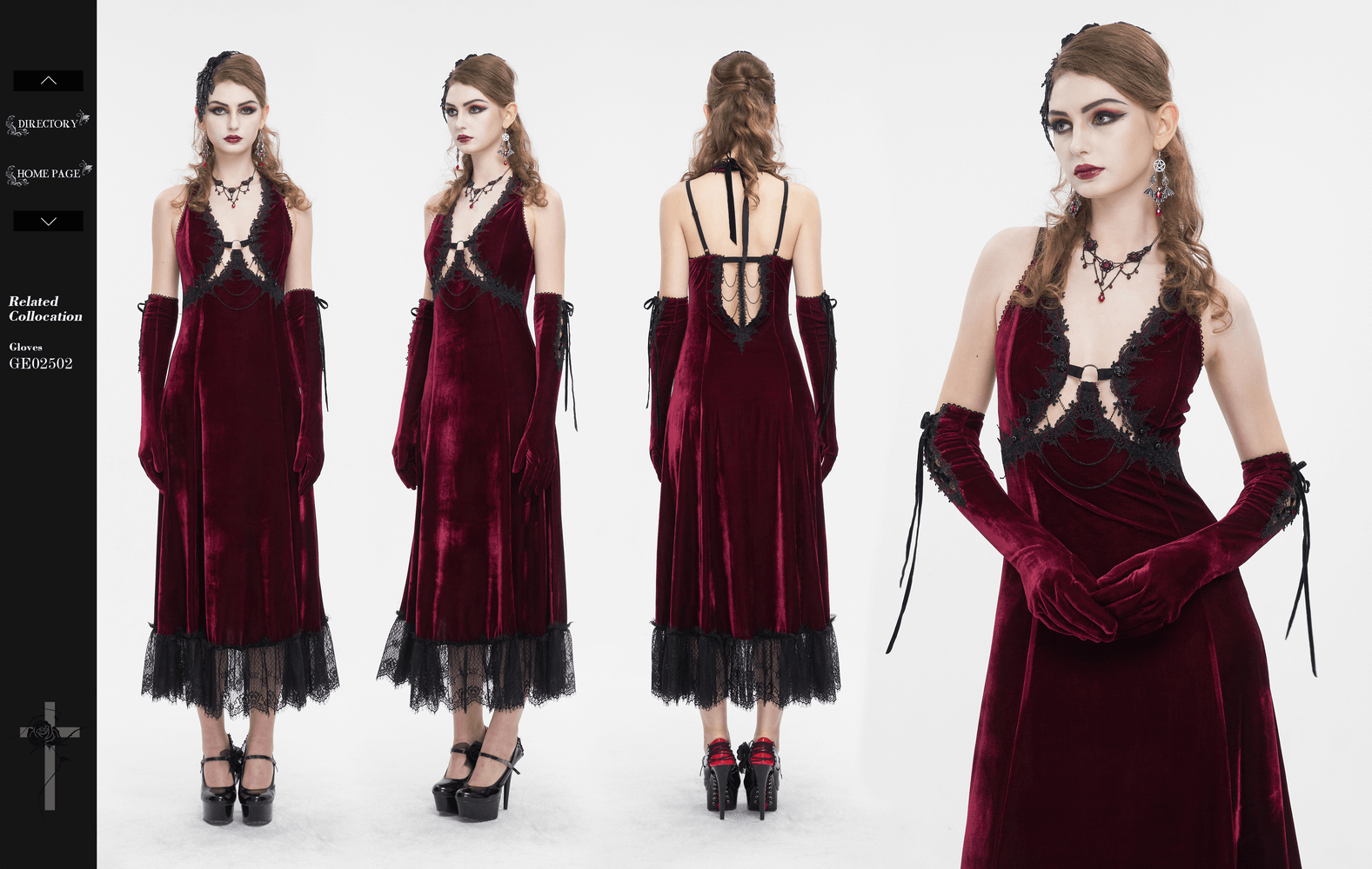 Gothic wine red long dress with black lace hem and sexy cutout, perfect for alternative events.