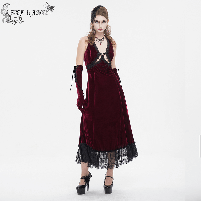 Gothic wine red long dress featuring black lace hem and sexy cutout, perfect for alternative events and modern goth style.