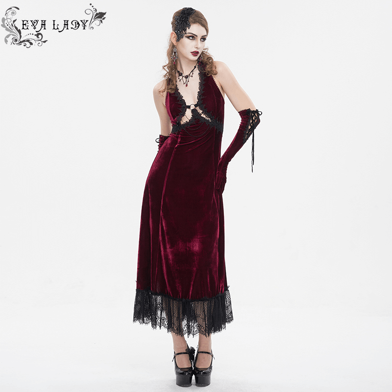 Gothic wine red long dress with black lace hem and cutout, perfect for alternative events and modern goth style.