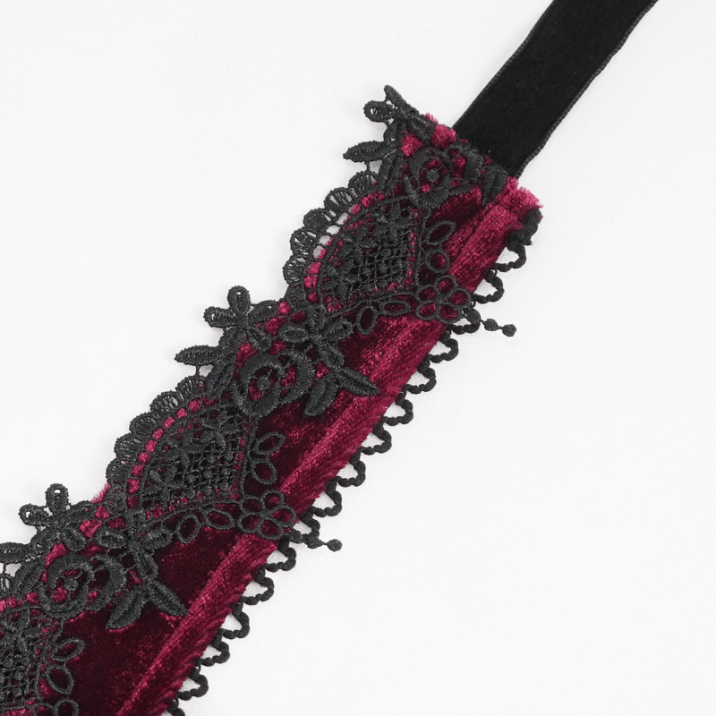 Gothic wine red velvet fabric with black lace trim, perfect for alternative fashion lovers.