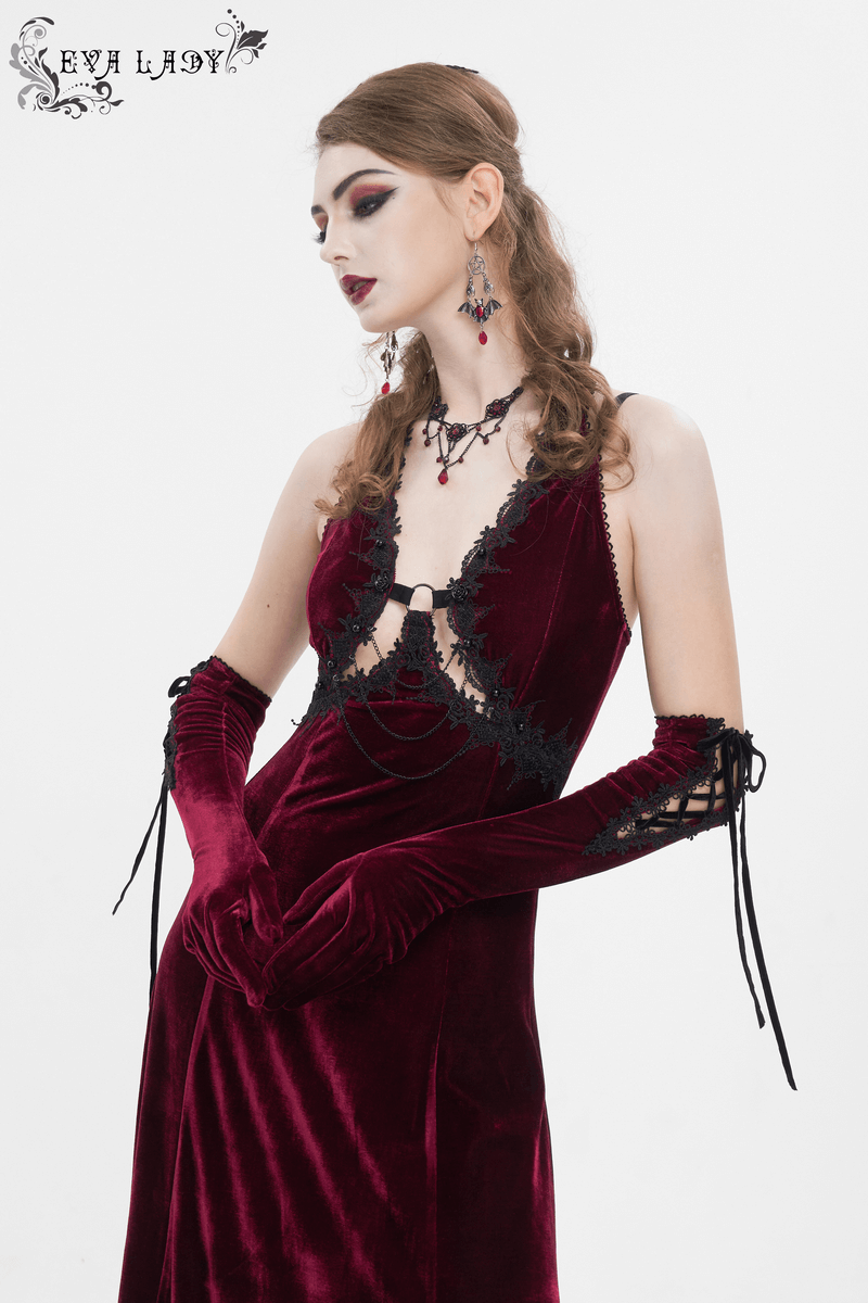 Gothic wine red long dress with black lace, sexy cutout, and elegant gloves, perfect for alternative fashion.