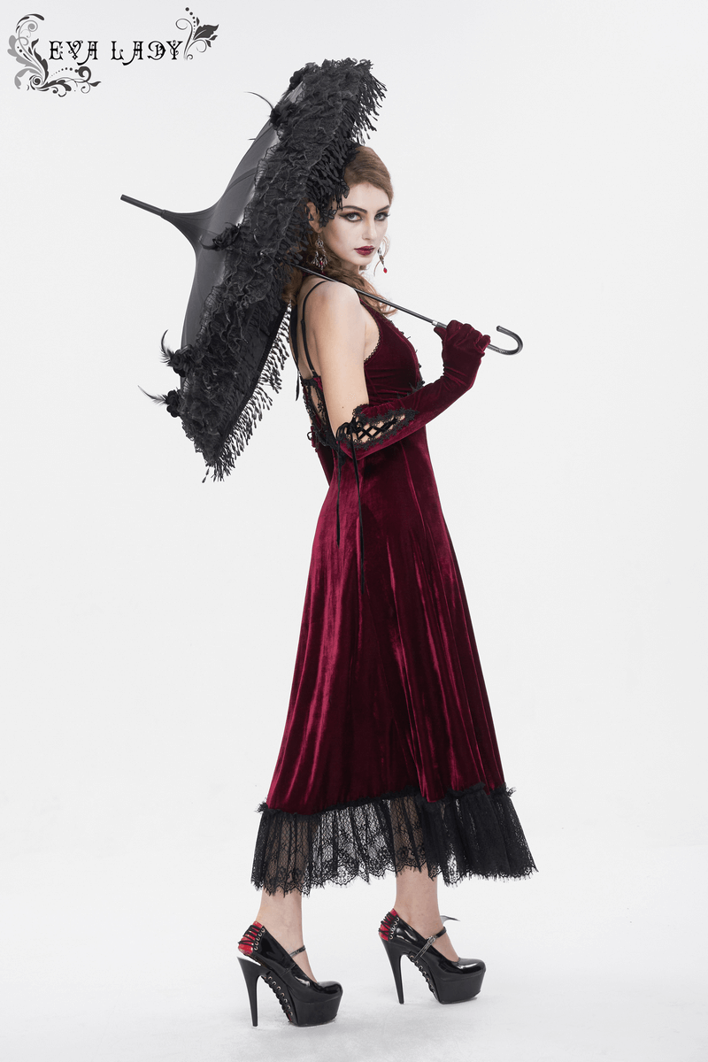 Gothic wine red long dress with black lace hem, sexy cutout; model poses with an elegant black parasol.