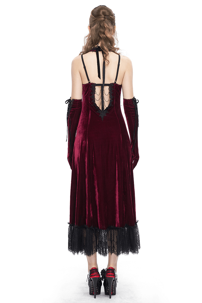 Gothic wine red long dress with black lace hem and sexy cutout, perfect for alternative events and modern goth style.