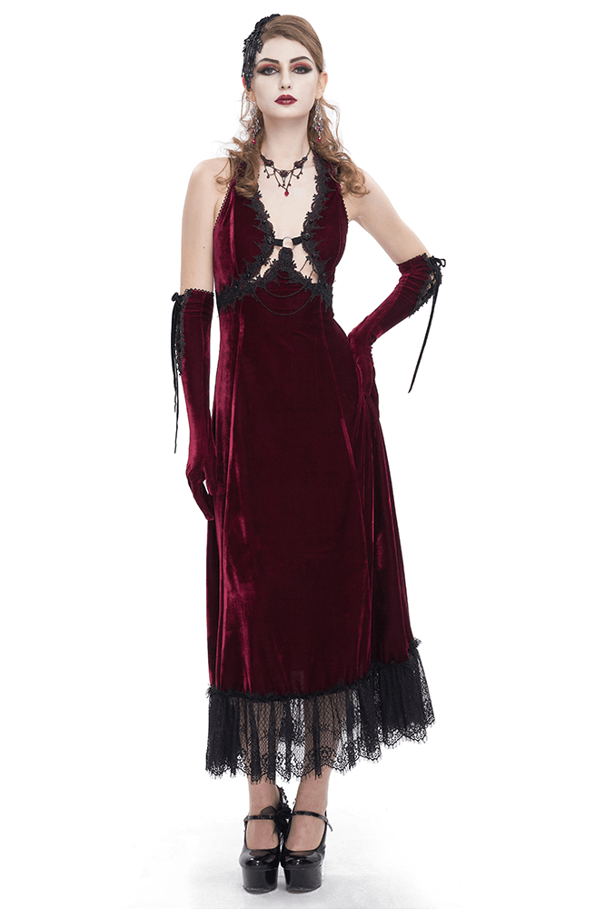 Gothic Wine Red Long Dress with Black Lace Hem and Sexy Cutout