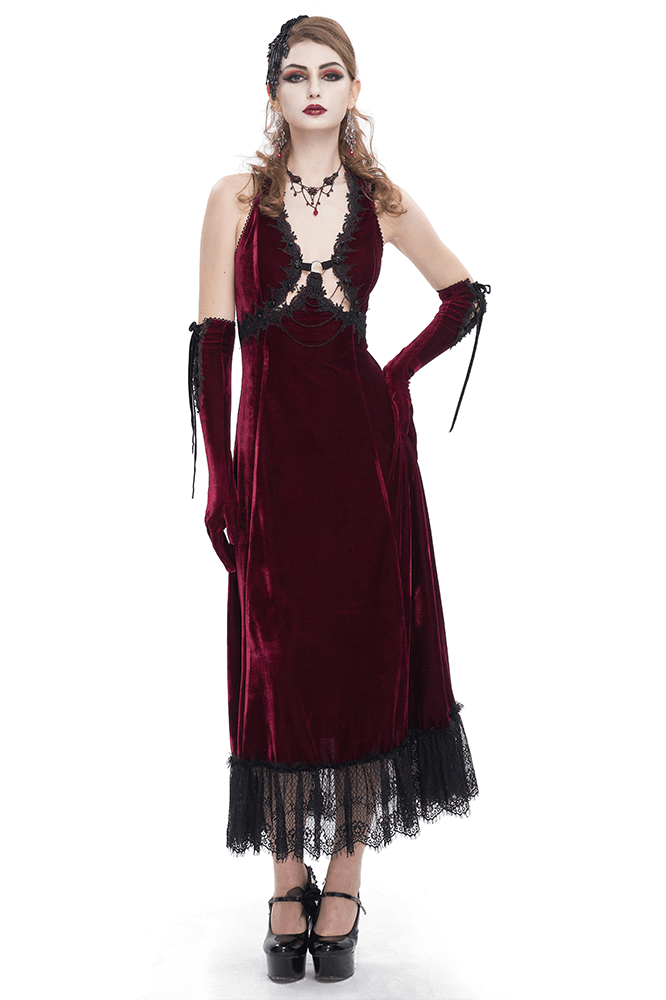 Gothic wine red long dress with black lace hem and sexy cutout, embodying seductive elegance for alternative style.
