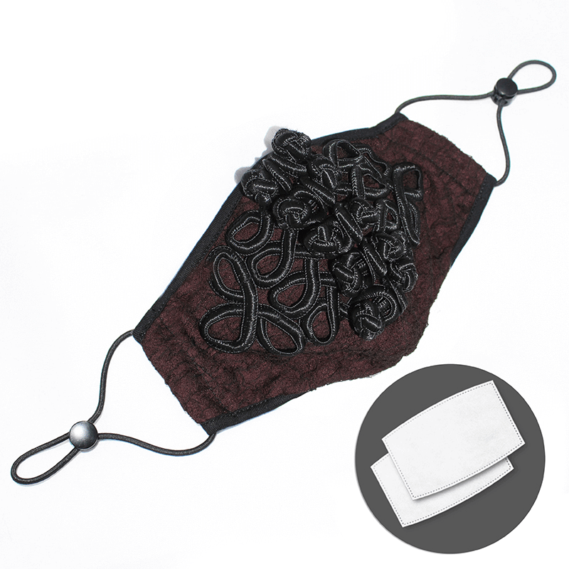 Unisex gothic wine red mask with black embroidery and adjustable straps for stylish elegance.