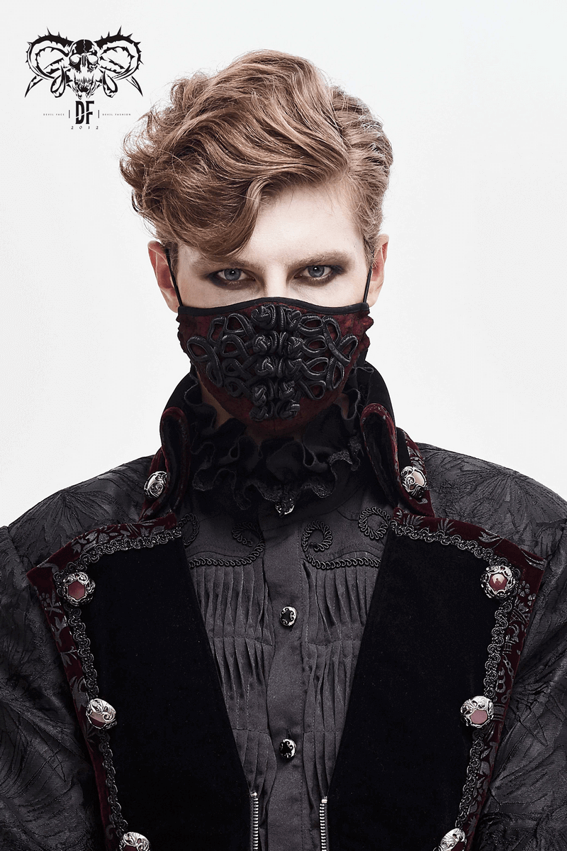 Model wearing a gothic wine red mask with black embroidery, showcasing elegant style and adjustable straps.
