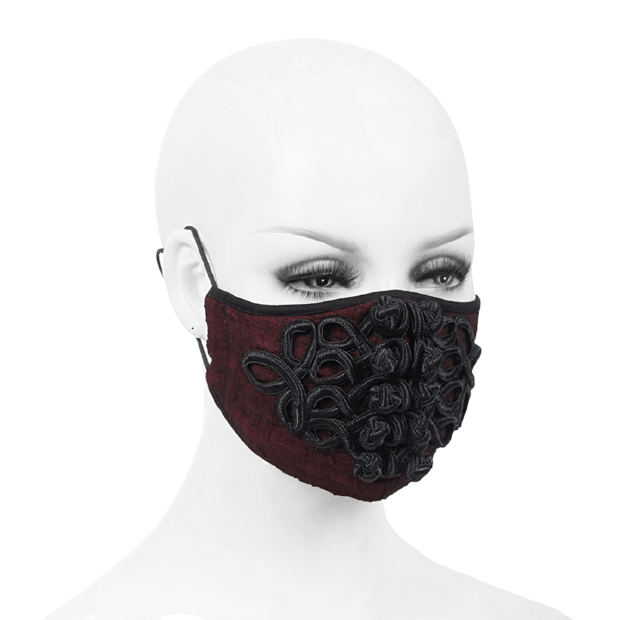 Gothic Wine Red Mask with Black Embroidery / Elegant Mask with Adjustable Straps