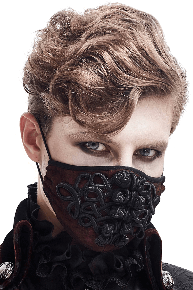 Trendy gothic wine red mask with black embroidery, featuring adjustable straps for a stylish unisex look.