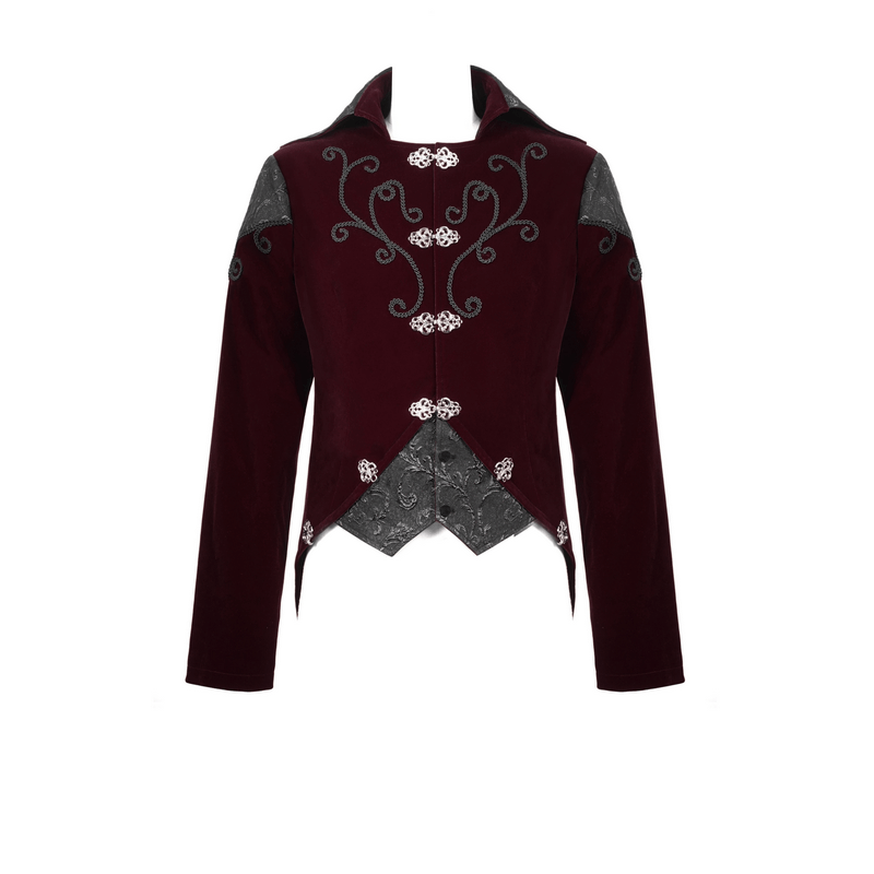 Gothic Wine Red Tailcoat with Patchwork Design / Steampunk Style Flip Collar Coats - HARD'N'HEAVY