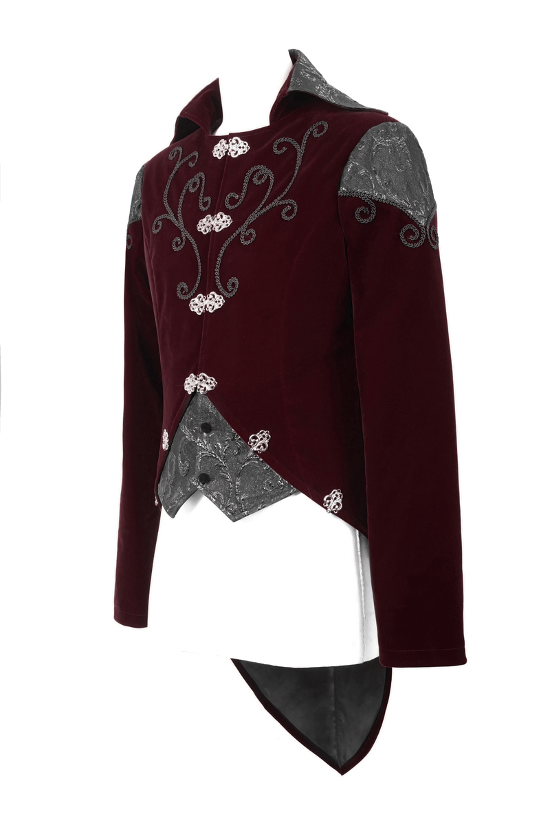 Gothic Wine Red Tailcoat with Patchwork Design / Steampunk Style Flip Collar Coats - HARD'N'HEAVY