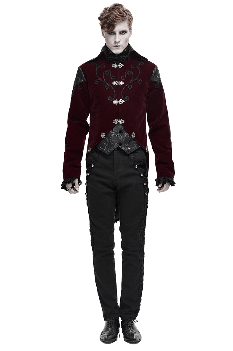 Gothic Wine Red Tailcoat with Patchwork Design / Steampunk Style Flip Collar Coats - HARD'N'HEAVY