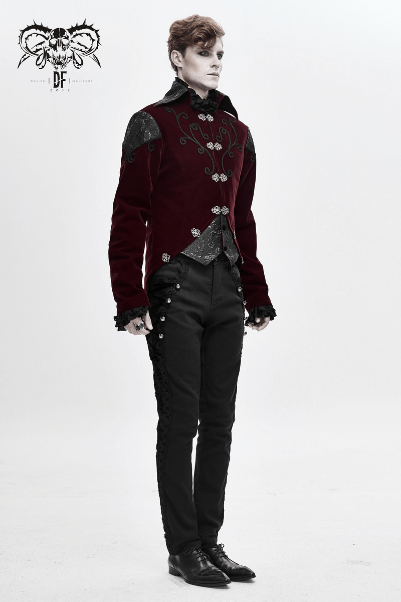 Gothic Wine Red Tailcoat with Patchwork Design / Steampunk Style Flip Collar Coats - HARD'N'HEAVY