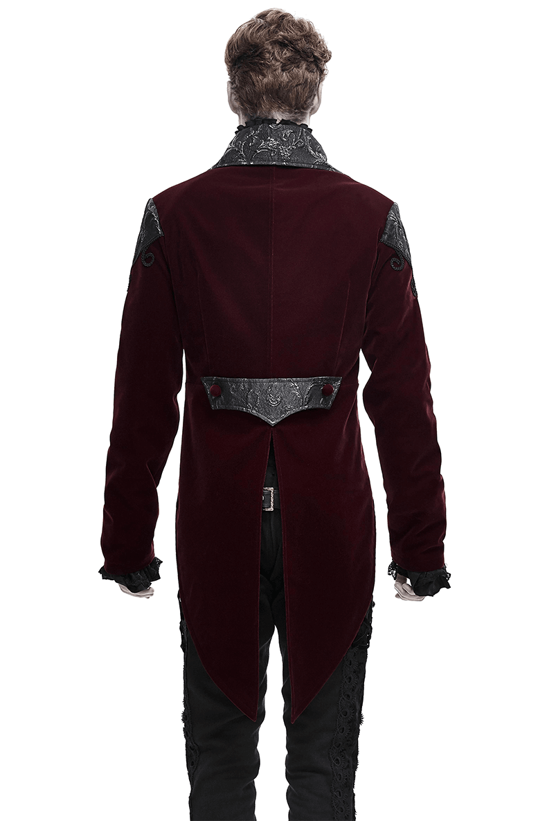 Gothic Wine Red Tailcoat with Patchwork Design / Steampunk Style Flip Collar Coats - HARD'N'HEAVY