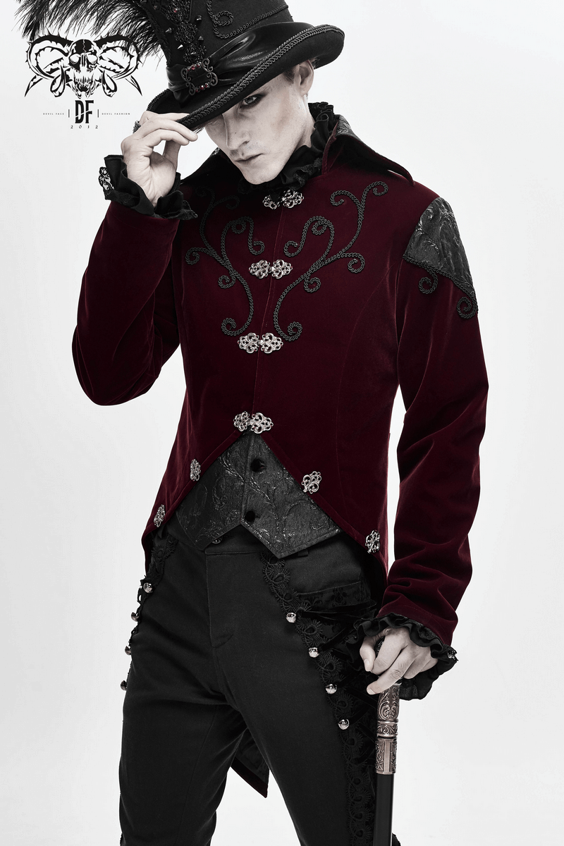 Gothic Wine Red Tailcoat with Patchwork Design / Steampunk Style Flip Collar Coats - HARD'N'HEAVY