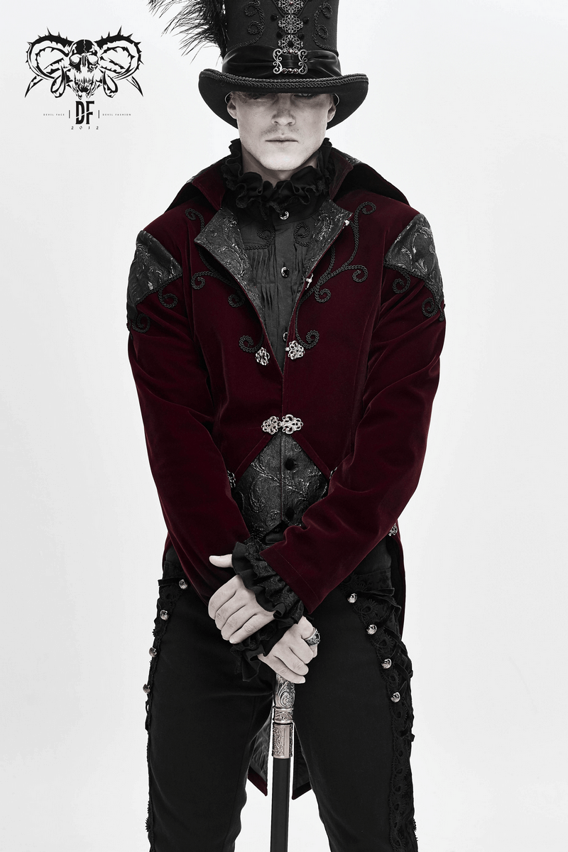 Gothic Wine Red Tailcoat with Patchwork Design / Steampunk Style Flip Collar Coats - HARD'N'HEAVY