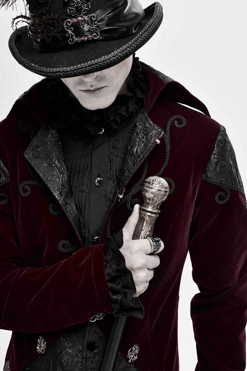 Gothic Wine Red Tailcoat with Patchwork Design / Steampunk Style Flip Collar Coats - HARD'N'HEAVY