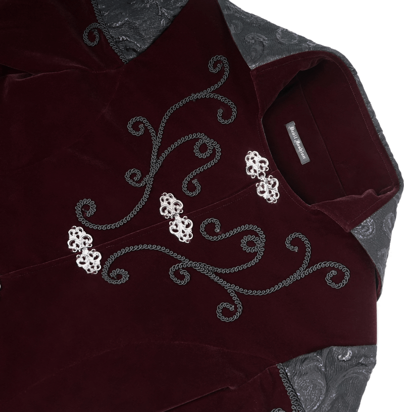 Gothic Wine Red Tailcoat with Patchwork Design / Steampunk Style Flip Collar Coats - HARD'N'HEAVY