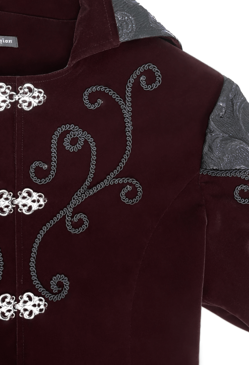 Gothic Wine Red Tailcoat with Patchwork Design / Steampunk Style Flip Collar Coats - HARD'N'HEAVY