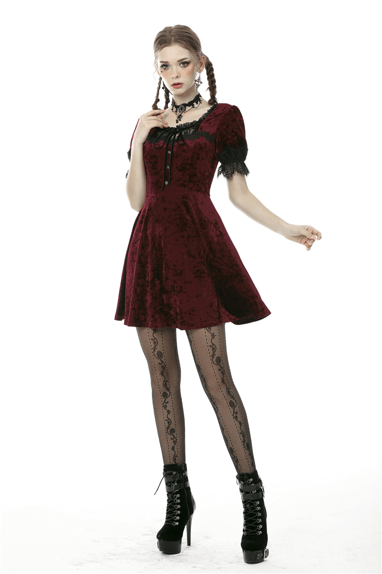 Gothic Wine Red Velvet Dress with Black Lace Detail