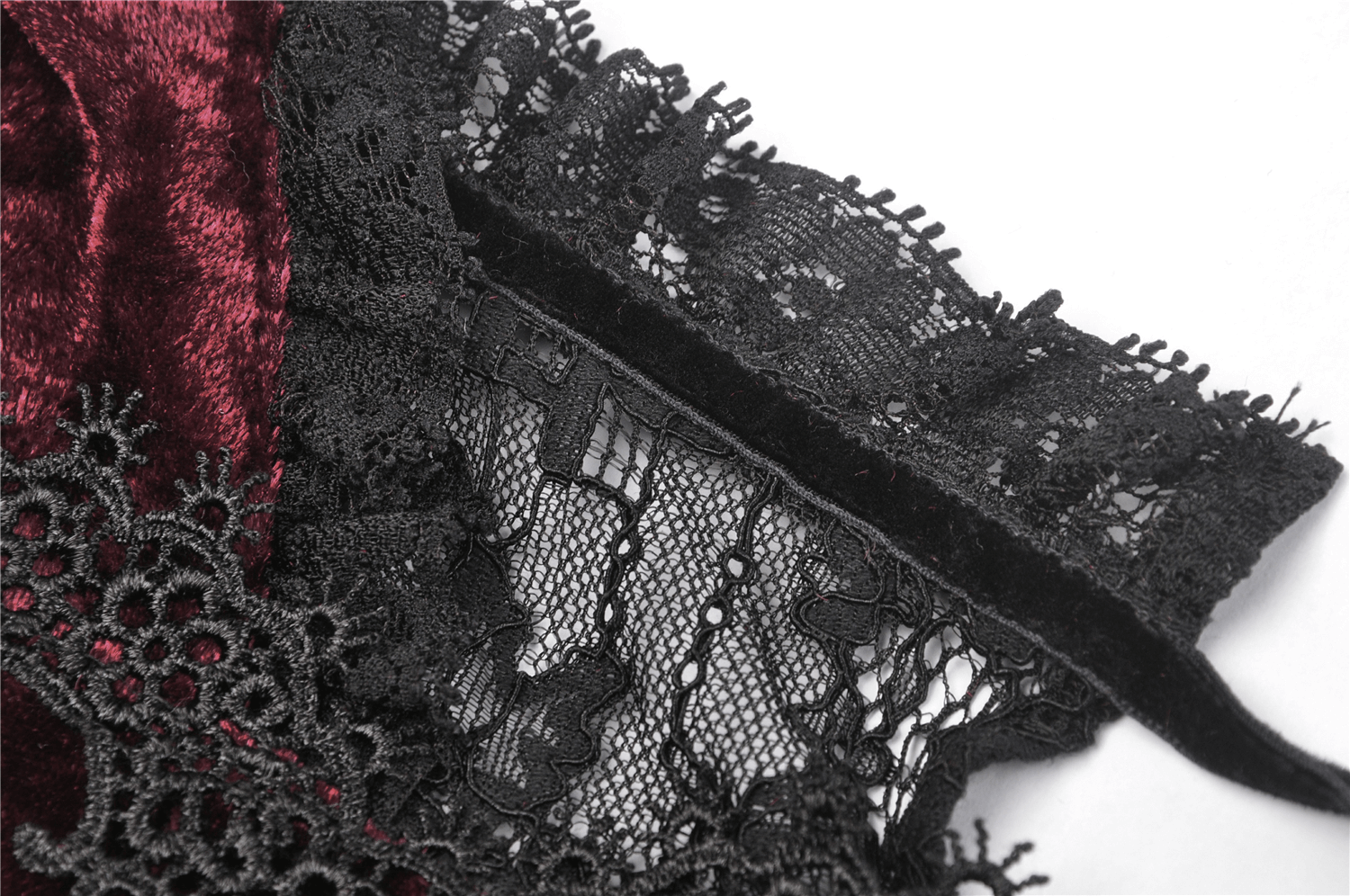Gothic Wine Red Velvet Dress with Black Lace Detail