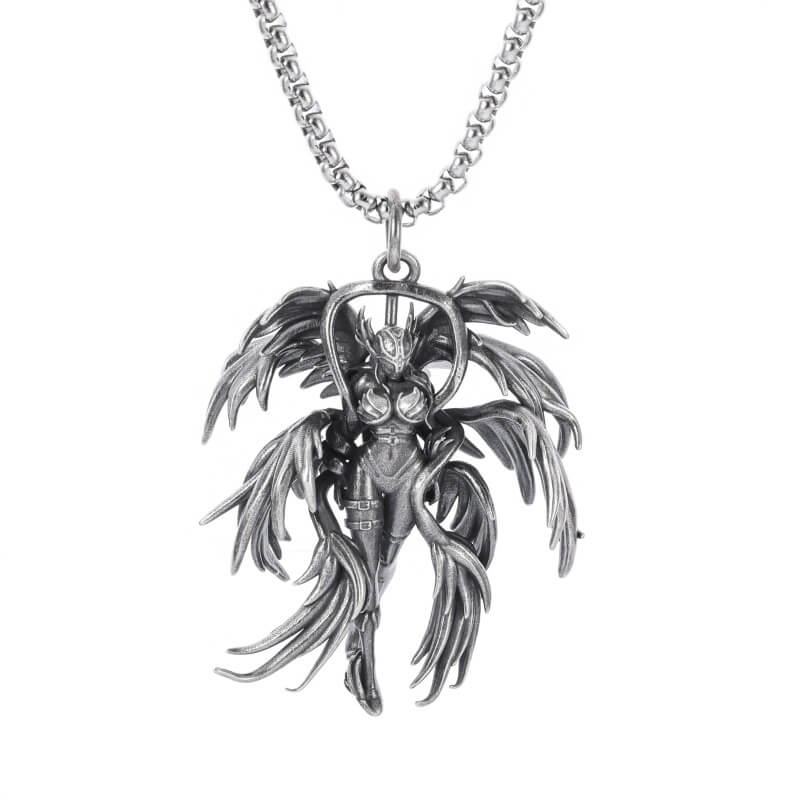 Gothic winged angel pendant necklace in stainless steel, perfect for punk and alternative fashion styles.