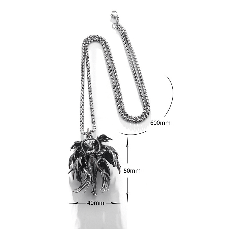 Gothic winged angel pendant necklace in stainless steel, showcasing punk style, perfect for alternative fashion enthusiasts.