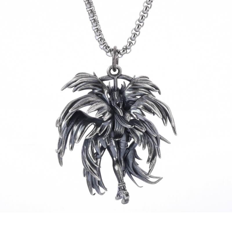 Gothic winged angel pendant necklace in stainless steel, perfect for punk style and alternative fashion.
